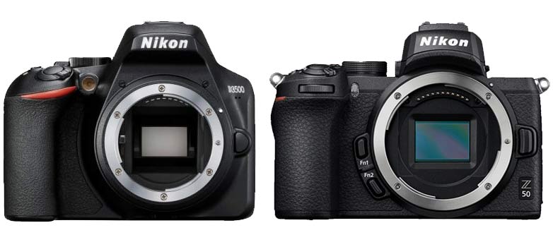 The Nikon D3500's F mount compared to the Z50's larger Z mount.