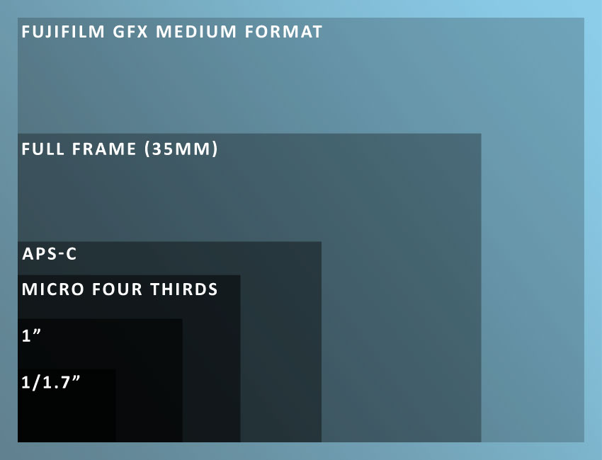 Camera Sensor comparison between GFX Medium Format, Full Frame, APS-C, Micro Four Thirds and more.